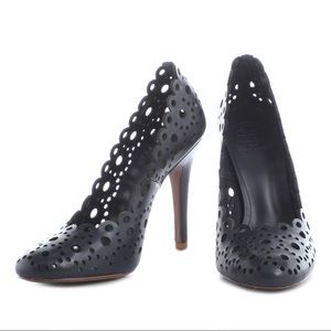 Tory Burch Navy Laser-Cut Scalloped Leather Pumps